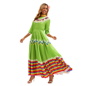 Vestido largo de estilo étnico mexicano para mujer, disfraz para actuación en escenario, verde, amarillo, talla para adultos - Product Image 4