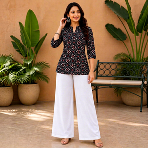 Ensemble Kurta en coton noir imprimé pour femmes avec pantalon palazzo blanc, coupe ample, vêtements ethniques décontractés, style Inde Pakistan, toutes saisons - Product Image 1