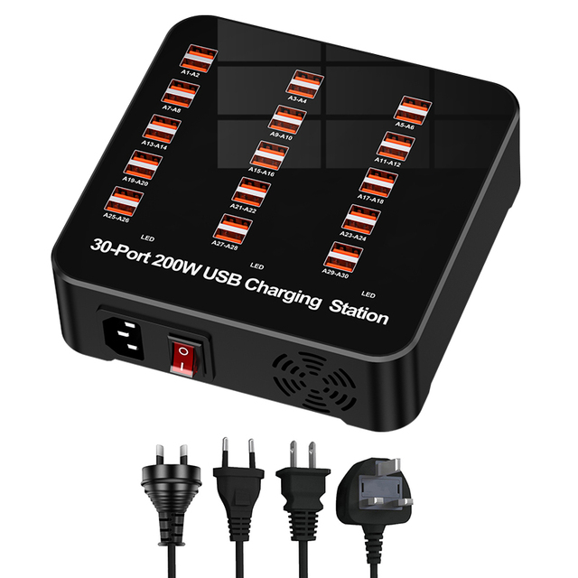 30-Port 30A 200W Multi USB Charger Charging Station Dock OTP & OVP Protected Universal Mobile Phone & Desktop Chargers