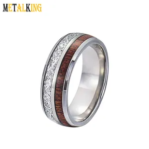 8mm Mens Womens Tungsten Carbide Ring Wedding Engagement Band with Koa Wood and Imitated Meteorite Inlay Comfort Fit