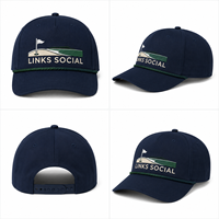 Gorra de golf de cuerda azul marino al por mayor con visera curva, insignia de Links, paquete para eventos de resort para compradores de hostelería con etiqueta personalizada
