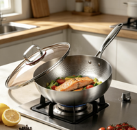 Poêle à frire antiadhésive FLEY en acier inoxydable et titane, 28 cm, pour cuisinières à gaz et à induction