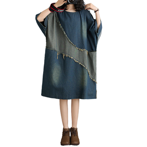 Denim Midi Dress O-Neck Loose Fit Asymmetric Hem Frayed Edges <b>Drop</b> Shoulder Casual Style All Seasons Wear - Product Image 1
