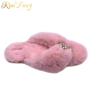 Dép Xỏ Ngón Trong Nhà Thiết Kế Mới Nhất Mùa Đông 2020 Faux Fur Dép Lê Có Đính Ngọc Trai - Product Image 2