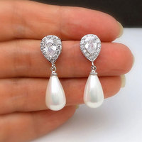 Elegantes Pendientes de Novia para Boda, con Perlas de Imitación en Forma de Lágrima, Chapados en Plata y con Circonita Cúbica