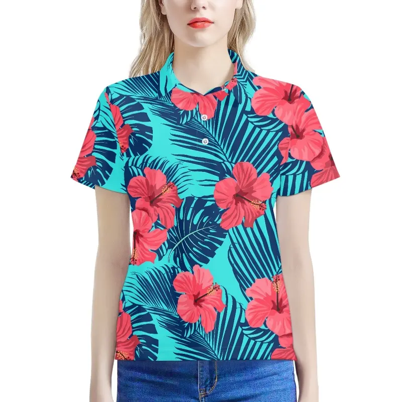 Camisa polo feminina de manga curta com desenho de hibisco, moda fofa e divertida, roupas de personalidade, camisas de verão dropshipping