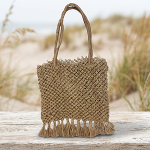 Handwoven Solid Color Jute Tote <b>Bag</b> with Open Closure Crochet <b>Net</b> Design and Tassel Handles for Beach Travel Shopping - Product Image 3