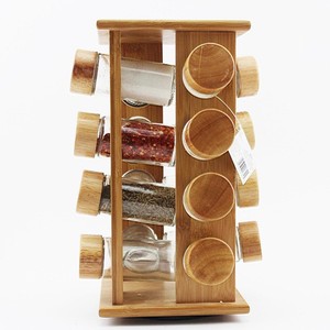 Bamboo <b>Spice</b> <b>Rack</b> With Glass Bottles <b>Rotatable</b> Moisture Proof Wooden Lid Storage Organizer For Kitchen Seasoning - Product Image 2