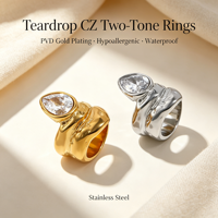Bague en acier inoxydable double couche avec zircon en forme de goutte d'eau, vente en gros, bagues plaquées or pour femmes
