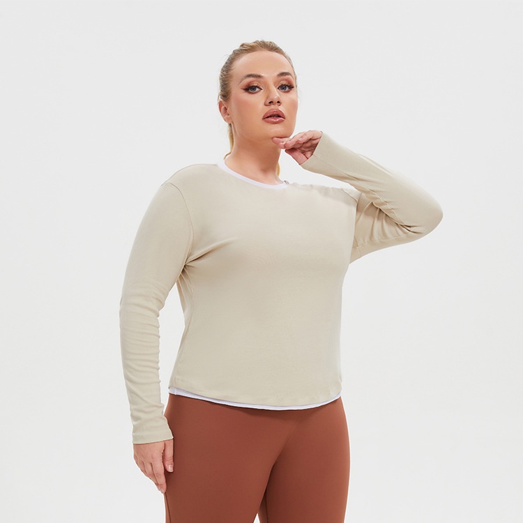 Women Plus Size Eco-Friendly Windproof Breathable Quick Drying Yoga Top Long Sleeved Loose Fit Solid Front Fitness Sportswear