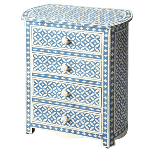 Coffre à tiroirs artisanal en os incrusté, design mosaïque bleu et blanc, style antique, forme rectangulaire, pour la décoration intérieure. - Product Image 1