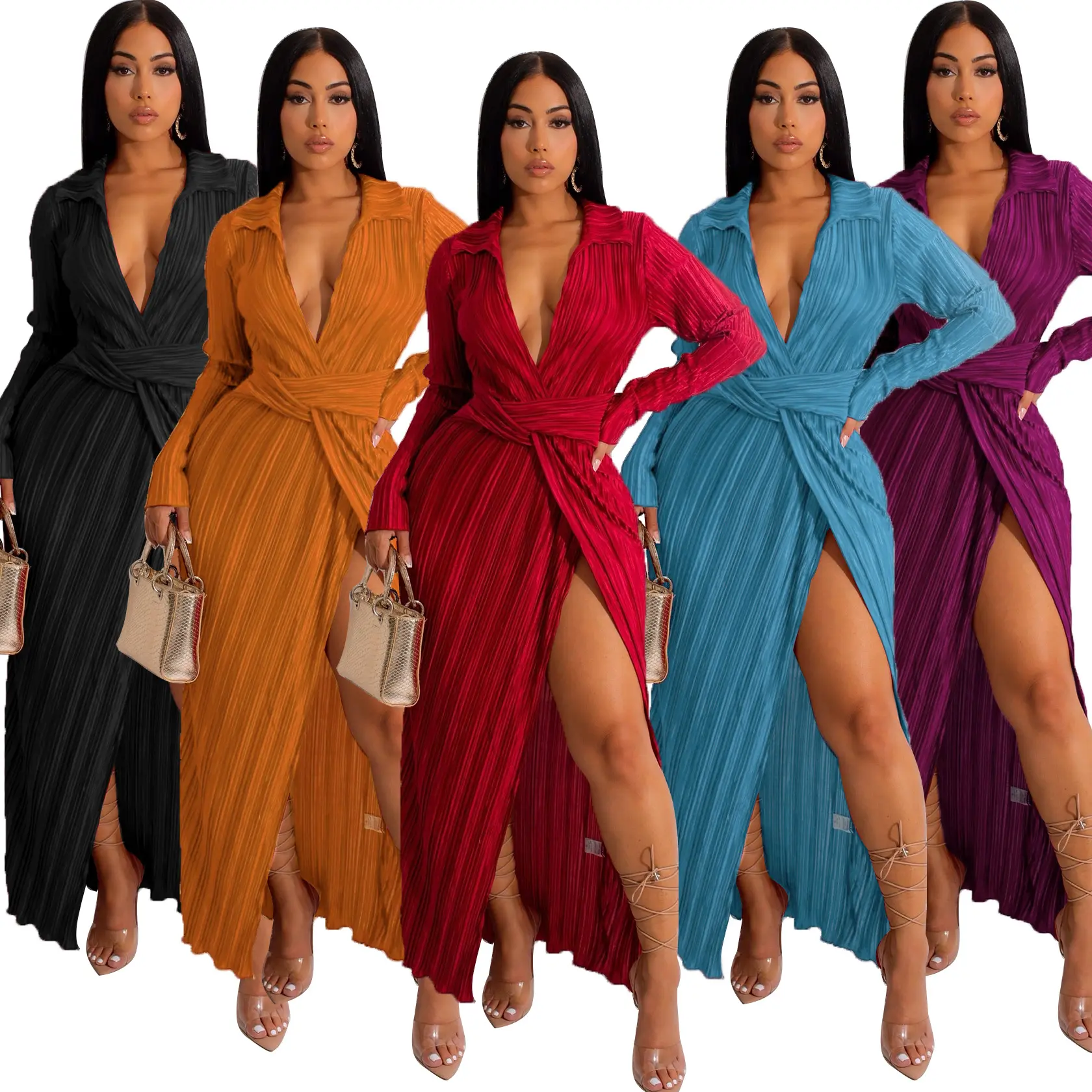 Long Sleeve Tight Fitting Dress Women Sexy Long Dress Party Wrap Silk V Neck Split Elegant Fall 2022 Women Clothes Maxi Dresses