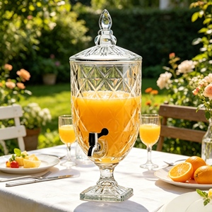 Distributeur de boissons en verre transparent 5L Diamond Crisscut, <span class=keywords><strong>Jarre</strong></span> à punch sur pied haut avec robinet chromé pour mariages et buffets - Product Image 5
