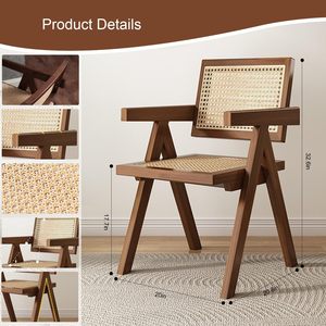High-end rattan <b>armchair</b>, simple and casual <b>dining</b> chair for home use, guesthouse, genuine rattan backrest chair, solid wood - Product Image 3