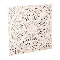 Panneau mural en bois sculpté à la main – Décoration murale 3D Mandala floral – Grande plaque carrée sculptée blanchie à la chaux – Décoration Jodhpur