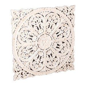 Panneau mural en bois sculpté à la main – Décoration murale 3D Mandala floral – Grande plaque carrée sculptée blanchie à la chaux – Décoration Jodhpur - Product Image 4