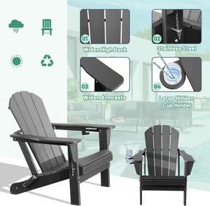 Kursi Adirondack Modern Set 2 Kursi Lipat HDPE Tahan Lama untuk Luar Ruangan dengan Tempat Gelas untuk Halaman, Teras & Perapian - Abu-abu - Product Image 3