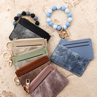 Dompet Kartu Kulit Kecil Sederhana dan Bergaya, Dompet Wanita, Gelang Manik Silikon, Gantungan Kunci
