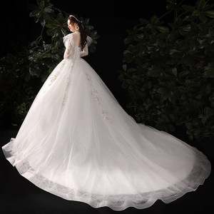 Lace Train Lightweight Wedding Dress High Waist O Neck White Simple Elegant Bridal Gown for Petite Figures - Product Image 2