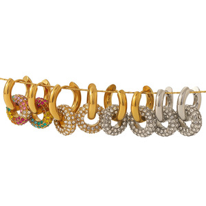 Pendientes colgantes redondos de acero inoxidable con baño de oro de 18k y diamantes de imitación para fiestas, joyería de moda. - Product Image 5