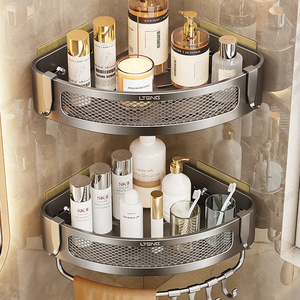 Lteng Corner Wall Mounted Storage Rack Triangle Shape Durable Bathroom Shelf With <b>Hooks</b> For Home Use - Product Image 3
