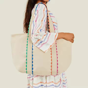 Custom Monogram <strong>Large</strong> Shoulder <strong>Large</strong> <strong>Beach</strong> <strong>Bag</strong> Canvas Rainbow Stripe Handle <strong>Large</strong> Tote Scallop Edge Tote <strong>Bags</strong> - Product Image 1