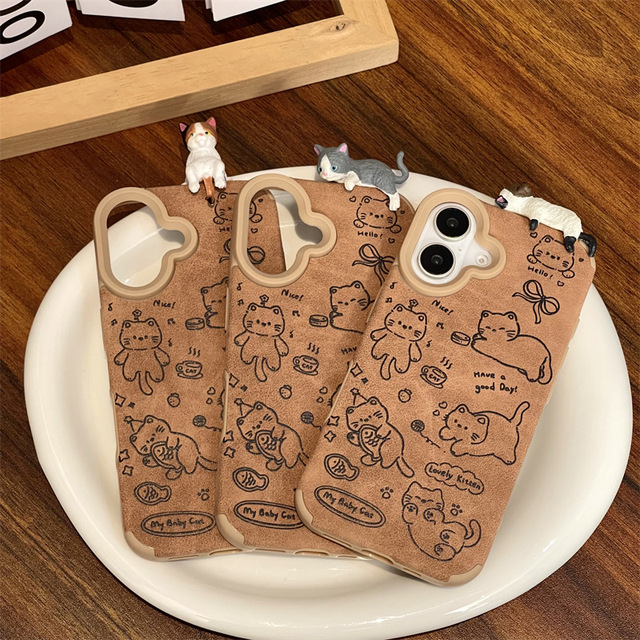 Fashion Cartoon Leather Full Screen Kitten Phone Case for iPhone 17 16 15 14 13 12 11 Pro Max With Stereoscopic Cat Rear Cover
