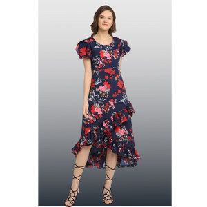 Robe à volants haut-bas florale de luxe UNITY pour femmes, tissu en crêpe doux et léger - Product Image 1