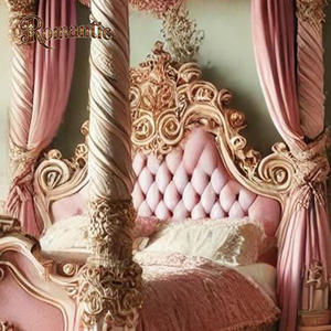 Europäischer Königlicher Klassischer Stil Rosa Samt Kopfteil Schlafzimmer Massivholz Elegantes Prinzessinnen-Bett Himmelbett - Product Image 4