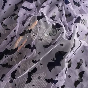 Halloween Party Kids Children Cloth Black Bats Printed Purple Tulle Mesh Fabric For Decoration And Dress 100% Polyester