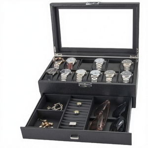 Black Rectangle <b>Watch</b> Box With Glass Lid Multi Compartment Display Storage Drawer Leatherette <b>Case</b> Dustproof Faux Leather - Product Image 4