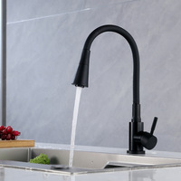 Robinet d'évier de cuisine en acier inoxydable chaud et froid à col en caoutchouc flexible noir rotatif 360