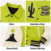 Blouson universitaire pour homme, vert lime et ivoire, col classique, style streetwear, épais, à motifs, en gros