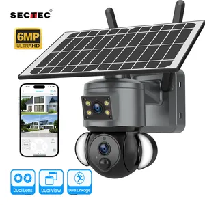 Sectec Panorama IP CCTV 6MP Outdoor Dual Lens Bateria Solar Câmera Flash Lights Rede 4G Sim Cartão Câmera Solar