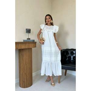 Vestido Blanco con Volantes, Cintura Holgada, Escote con Volantes, Tejido Transpirable, Informal, para Uso Diario - Product Image 4