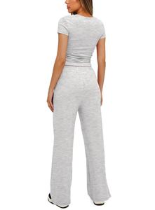 Ensemble de yoga plissé professionnel pour femme : haut à manches courtes froncé très extensible et pantalon de yoga fluide à jambes larges – Tenue du studio à la rue - Product Image 3