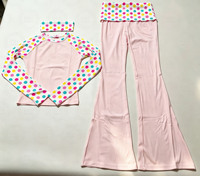 Set Pakaian Olahraga Wanita 3 Potong Motif Polkadot, Atasan Lengan Panjang, Legging Model Flare, Bando Senada, Santai untuk Gym dan Bersantai