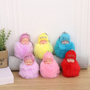 8CM mignon dormir bébé poupée porte-clés Pom Pom lapin boule <span class=keywords><strong>de</strong></span> fourrure bébé porte-clés moelleux voiture porte-clés <span class=keywords><strong>sac</strong></span> breloque peluche fourrure poupée porte-clés - Product Image 3