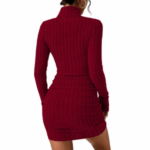 Robe pull moulante mini en maille côtelée <span class=keywords><strong>bordeaux</strong></span> à col roulé et manches longues pour femme 2026 – Style automne-hiver ajusté en polyester pour soirée - Product Image 1