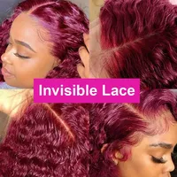 Perruque Bob Deep Water Wave 99J Bourgogne en Cheveux Humains Brésiliens Remy 13x4 avec Dentelle Transparente Courte Bouclée Pré-Pluckée
