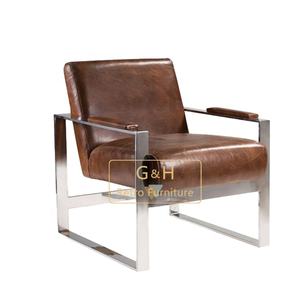 <span class=keywords><strong>Fauteuil</strong></span> Lounge Brown Accent avec cadre en <span class=keywords><strong>cuir</strong></span> souple et acier inoxydable pour le salon - Product Image 4
