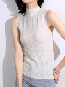 Offre Spéciale vente en gros femmes été coupe ajustée haut <span class=keywords><strong>sans</strong></span> manches gilet col montant mince <span class=keywords><strong>pull</strong></span> tricoté - Product Image 2