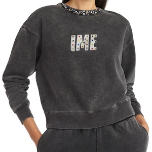 Sudadera Vintage para Mujer, Estilo Desgastado, con Letras de Pedrería, Estampado, Ropa Urbana, Algodón, Gris - Product Image 1