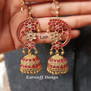 Buy Fashionable and Traditional Kundan Studded in Paisley Design <b>Ear</b> <b>Cuffs</b> with Jhumka Set By Indian Exporters - Product Image 4