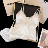 Summer Factory Ladies' Lace Pajamas Ice Silk Ribbed V Neck Sexy Breathable Elegant Nightdress Cozy Camisole Removable Chest Pads