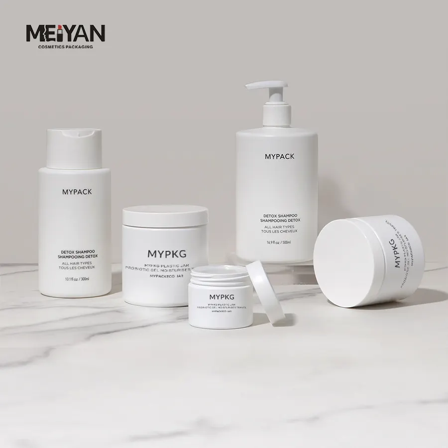 MYPACK, loción redonda de plástico blanco mate esmerilado vacío de lujo, conjunto de botellas y frascos de embalaje de productos cosméticos para el cabello