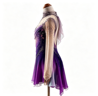 Robe de patinage artistique à dégradé violet, drapée, à découpes, dos ouvert, en maille ornée de strass, pour concours de danse sur glace
