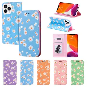 Porte-cartes magnétique imprimé Floral coloré, étui en cuir PU pour iPhone 13 mini