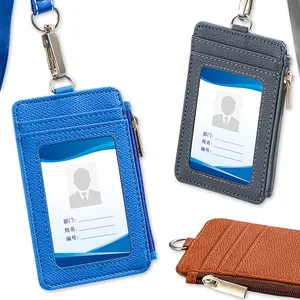 Billetera minimalista de cuero con cremallera RFID para hombre y mujer, tarjetero de identificación con cordón personalizado