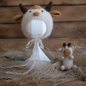 Nouveau-né Photographie Props <span class=keywords><strong>Kit</strong></span> <span class=keywords><strong>Tricot</strong></span> Angora Vache Chapeau Beige Alpaga Bull Jouet Neutre Photo Prop <span class=keywords><strong>Bonnet</strong></span> Crochet Bébé Posant Poupée - Product Image 3